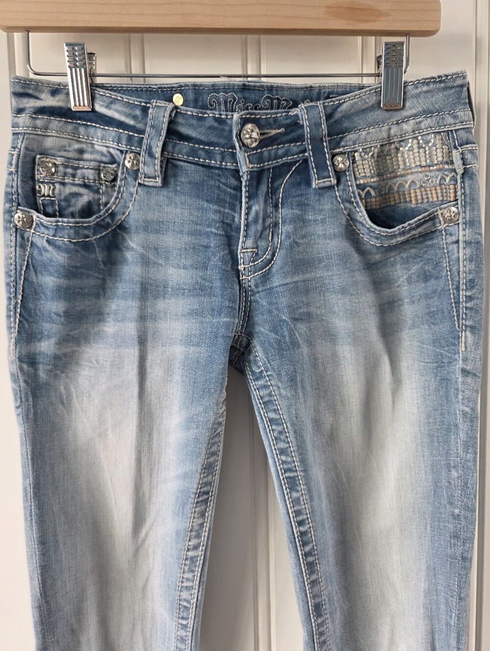 Miss Me Signature Cuffed Skinny Denim Jeans Light Wash Embroidered Size 25 - Picture 2 of 13